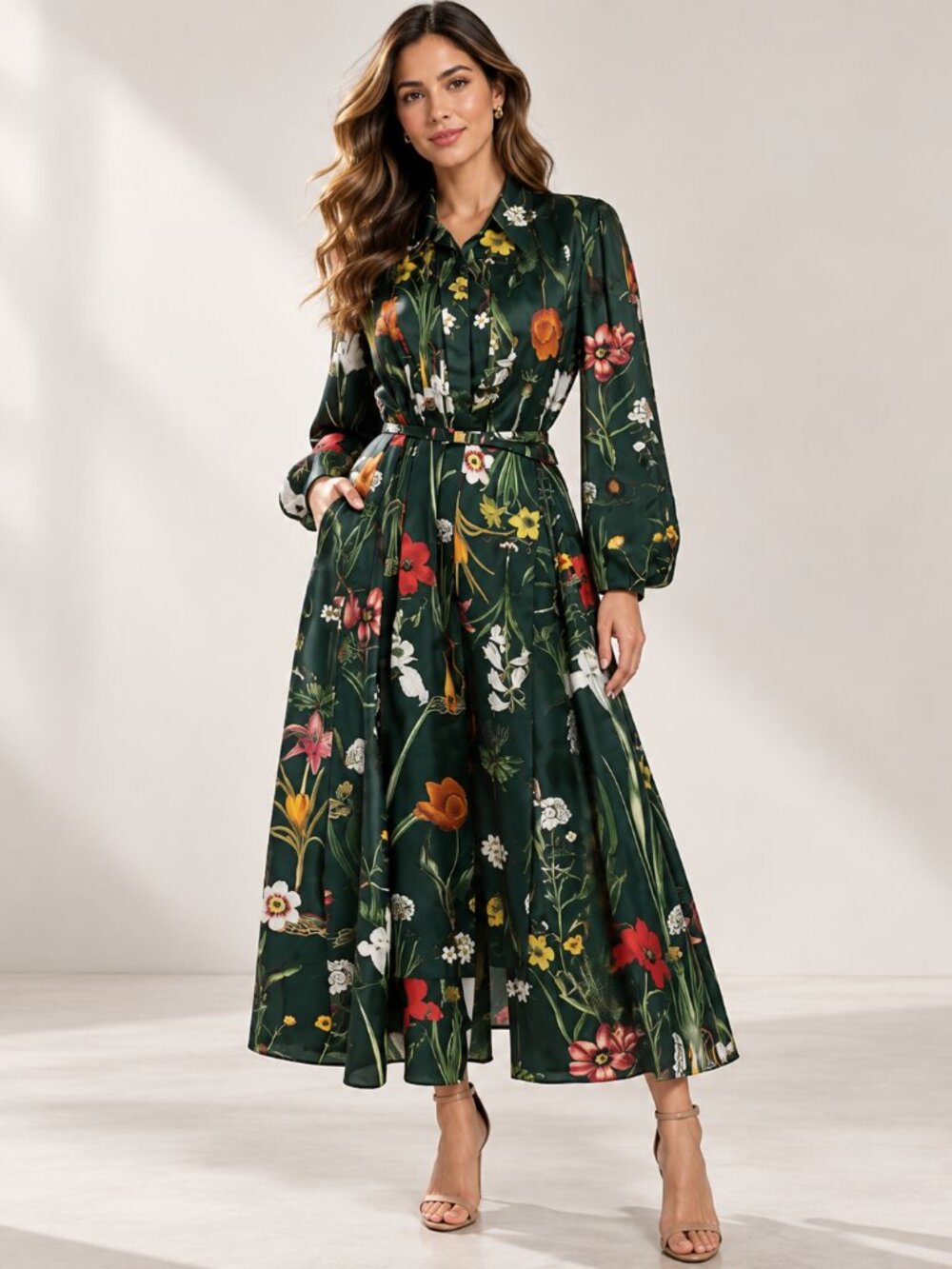 NWOT - Oscar de la Renta Green Floral Silk Long Sleeve Maxi Dress Size 14